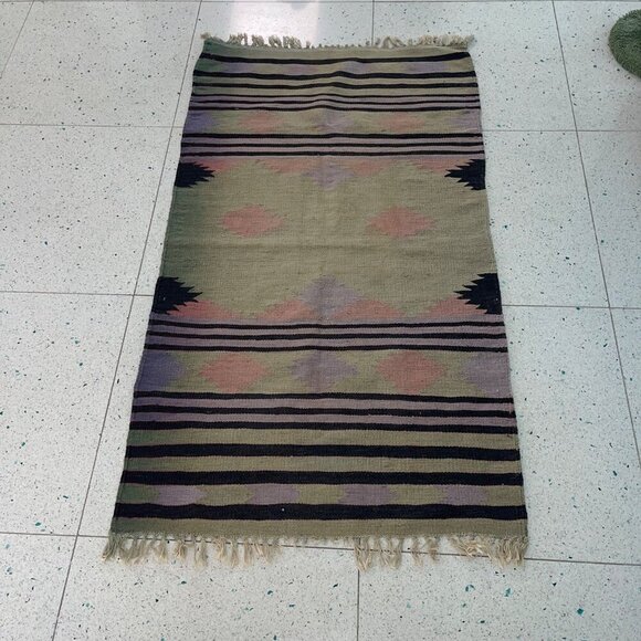 Kilim Floor Rug Tapestry 62 x 34 Multicolor Vegetable Dye Bohemian Geometric - Picture 1 of 7